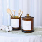 Qtip Holder & Cotton Pad Dispenser, Bathroom Organizer and Storage Canisters, 16oz Glass Apothecary Jars for Kitchen, Restroom - Home Decor Accessories, Room Decor Aesthetic (2 Pack, Amber)
