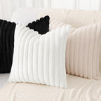 decorUhome Faux Fur Christmas Throw Pillow Covers 24x24 Set of 2, Decorative Soft Plush Striped Neutral Couch Euro Pillow Covers with Velvet Back for Sofa, Bed, Living Room Home Decor, White