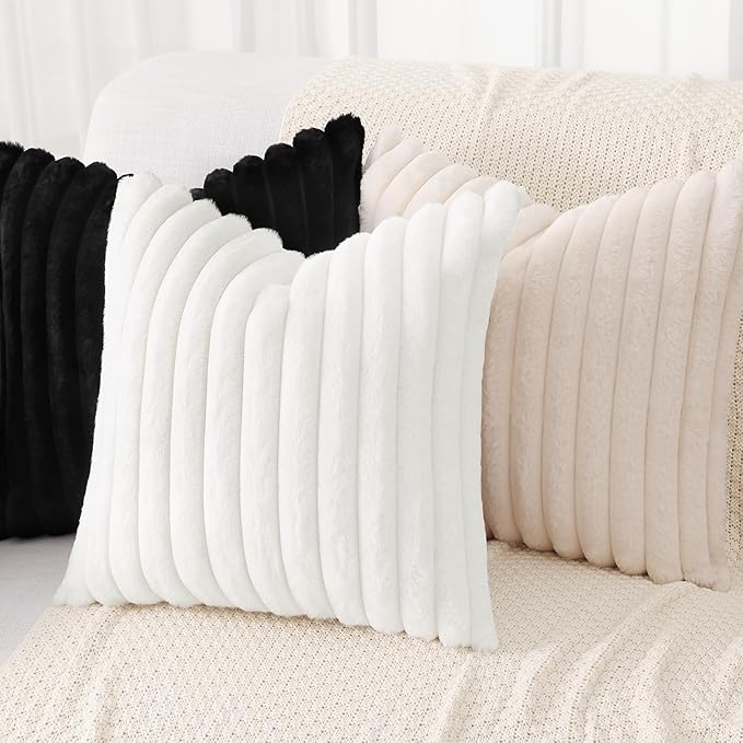 decorUhome Faux Fur Throw Pillow Covers 20x20 Set of 2, Decorative Soft Plush Striped Neutral Couch Euro Pillow Covers with Velvet Back for Sofa, Bed, Living Room Home Decor, Black