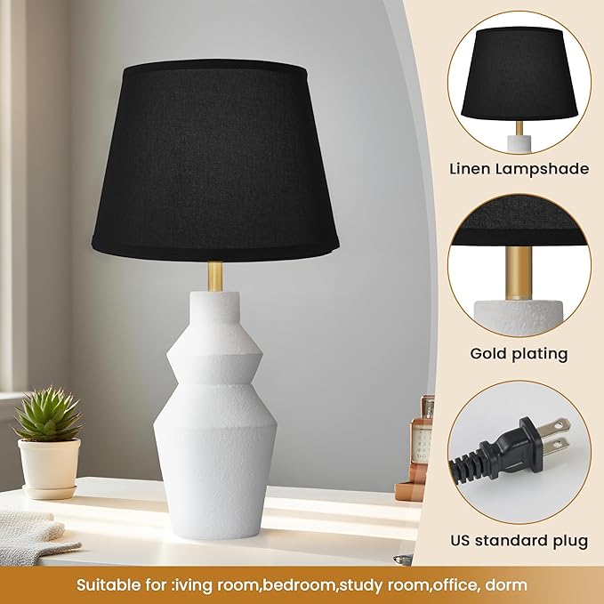 29.7" Modern Table Lamp, Single Farmhouse Rustic Bedside Lamp, White Cement lamp Base with Black Linen Shade, for Bedroom, Living Room Office Kids