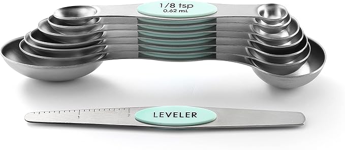 Spring Chef Stainless Steel Magnetic Measuring Spoons Set of 8 with Leveler, Nesting Metal Teaspoon & Tablespoon Measuring Spoons, Kitchen Gadgets for Baking & Cooking, Fits in Spice Jars - Mint