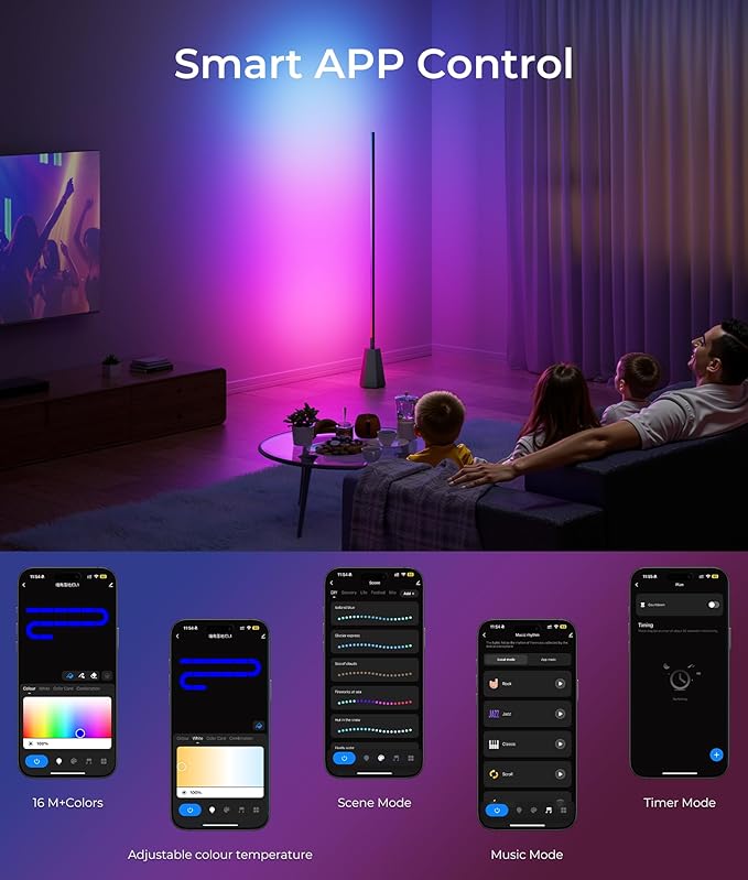 Corner Floor Lamp, RGBCW Smart Floor Lamp, 16 Million Colors, Music Sync, 1500lm, 2700-6500K, LED Corner Lamp with Alexa & Google Compatible, Led Floor Lamps for Living Room Bedroom Gaming