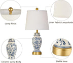 RORIANO Chinoiserie Ceramic Table Lamps Set of 2 for Living Room Bedroom Bedside, Traditional Blue Porcelain Classic Table Lamp for Nightstand Entryway, 2 LED Bulbs Included (Gold)