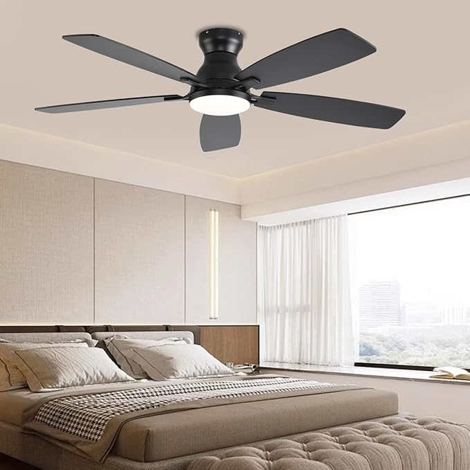 52inch Flush Mount Ceiling Fans with Lights and Remote Control/APP Control, DC Reversible Motor, Noiseless, Dimmable, Low Profile Black Ceiling Fan for Bedroom Indoor/Outdoor Use