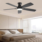 52inch Flush Mount Ceiling Fans with Lights and Remote Control/APP Control, DC Reversible Motor, Noiseless, Dimmable, Low Profile Black Ceiling Fan for Bedroom Indoor/Outdoor Use