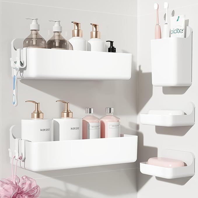 Nieifi Adhesive Wall Shelf, Shower Sheves 5 Pack with Soap Holder, Shower Organizer for Bathroom Organization, White