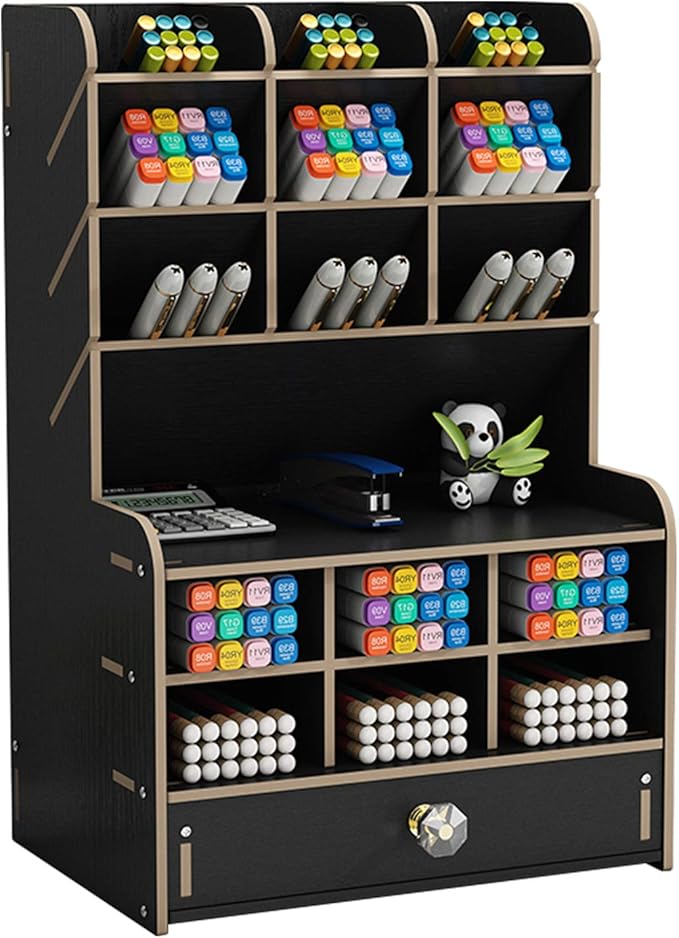 Marbrasse Wooden Desk Organizer, Multi-Functional Pen Holder, Desktop Stationary Organizer, Storage Rack for School Home Office Art Supplies (B16-Black)
