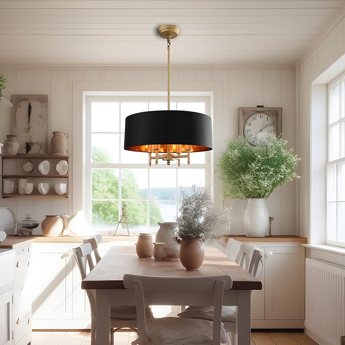 Black Drum Chandelier Gold Drum Shade Chandelier 4-Light Modern Linen 17.75“Chandeliers Light Fixture for Dining Room, Bedroom, Kitchen Island, Living Room, E12,Rod Adjustable