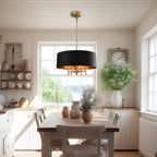 Black Drum Chandelier Gold Drum Shade Chandelier 4-Light Modern Linen 17.75“Chandeliers Light Fixture for Dining Room, Bedroom, Kitchen Island, Living Room, E12,Rod Adjustable