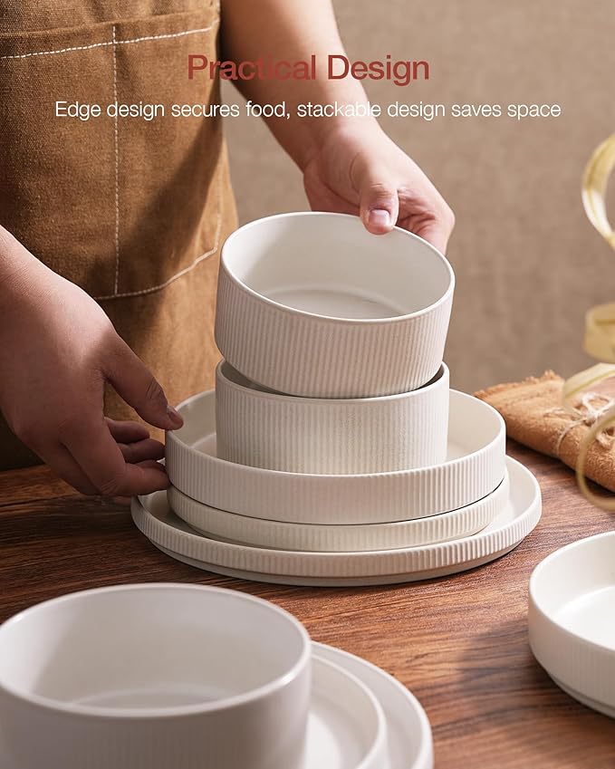 Famiware Star Dinnerware Sets, Plates and Bowls Set for 4, 12 Pieces Ribbed Dishes - Chip and Scratch Resistant, Microwave and Dishwasher Safe Tableware, Matte White