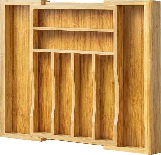 Bamboo Kitchen Drawer Organizer, Expandable Cutlery Tray Utensil Organizer with Grooved Silverware Drawer for Flatware Silverware in Kitchen 8 Slot, Natural, 11.6"-18.9"W, 14.96"H, 1.97"D