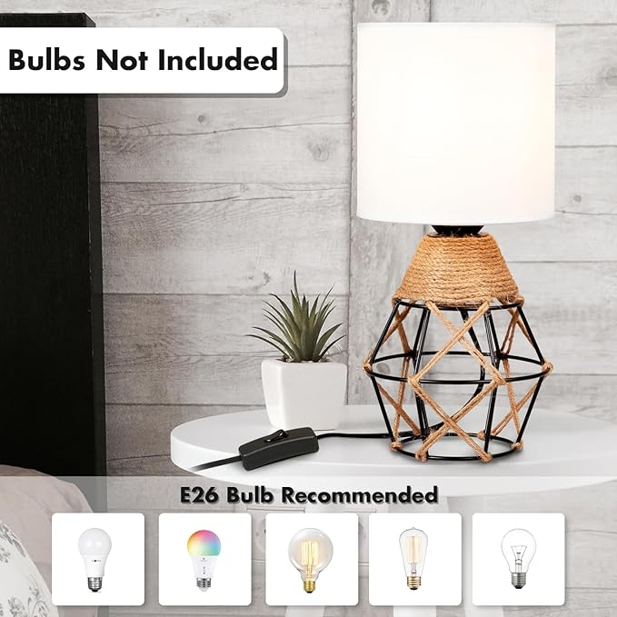 Hamilyeah Boho Lamp, Woven Table Lamp for Nightstand with On/Off Switch, Bedroom Lamp with White Fabric Shade, Simple Table Light for Bedside, Living Room