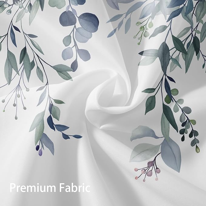 Eucalyptus Shower Curtain, Blue Watercolor Leaves with Floral Botanical Bathroom Decor, Waterproof Fabric Bath Curtain Set with Hooks, 36x72 Inches