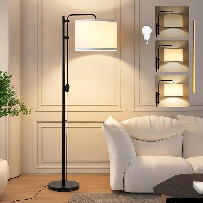 GyroVu Floor Lamp for Living Room, Adjustable Height Standing Lamps with 350° Rotate White Lampshade, 67.5-Inch Modern Tall Lamp Dimmable Floor Lamps for Corner Bedroom Home Office (Bulb Included)