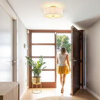 Modern Semi Flush Mount Ceiling Light 18" Modern Gold Drum Ceiling Lighting Fixture with Linen Shade Vintage Ceiling Lamp for Living Room, Bedroom, Kitchen, Dining Room, Hallway, and Entryway