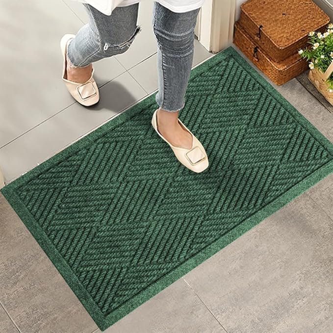 Sturdy Front Door Mat, Absorbent Muddy Dirt Resist Welcome Door Mats Outdoor Indoor, Stain and Fade Resistant, Non-Slip Rubber Backing Low Profile Doormat for Entryway, 30×17, Green