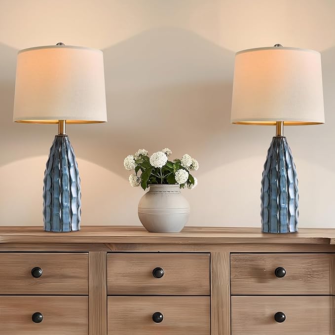 Ceramic Table Lamps Set of 2, 23.75" Modern Farmhouse Bedside Lamp - Blue Nightstand Lamps for Bedroom, Boho Living Room End Tables, Small Office Desk Lamp Decor