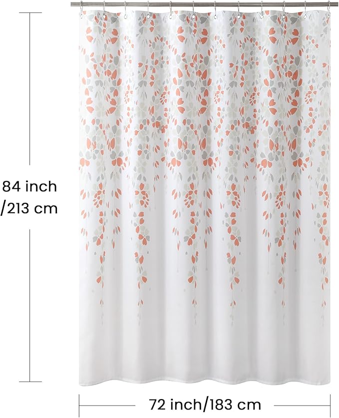 Extra Long Fabric Shower Curtain, Orange and Gray Weeping Flower Shower Curtains for Bathroom, Modern White Bathroom Curtains, 72" W x 84" H