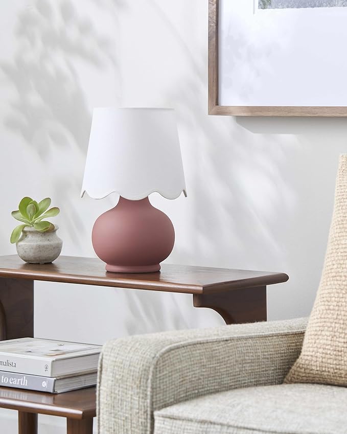 BoutiqueRugs Navarro Boho Ceramic Bedside Table Lamp for Bedroom Nightstand and Living Room - Shade Cotton - Brown, White - 13" H