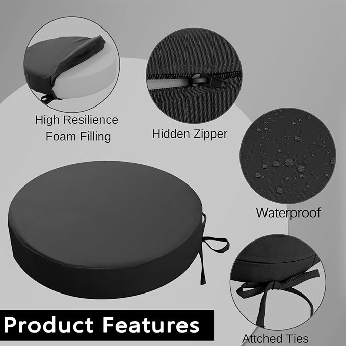 idee-home Outdoor Bistro Chair Cushions, 15”x15”x 3” Thick Outdoor Round Seat Cushions Set of 4 with Ties, Waterproof Round Patio Furniture for Garden