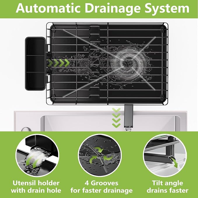 Dish Drying Rack for Kitchen Counter, Stainless Steel Dish Strainer with Detachable Cutlery Holder, Automatic Drainage System, Drainers Rack for Home and Appartment