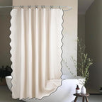 Beige Scalloped Edge Shower Curtain Linen Textured with 12 Metal Hooks Cute Chic Heavy Duty Washable Waterproof Neutral Thick Shower Curtain Sets for Hotel Bathroom 72x72 inches