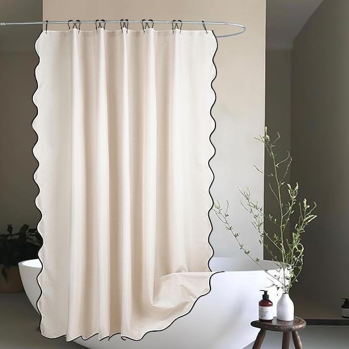Beige Scalloped Edge Shower Curtain Linen Textured with 12 Metal Hooks Cute Heavy Duty Washable Waterproof Neutral Thick Extra Long Chic Shower Curtain Sets for Hotel Bathroom 72x84 inches