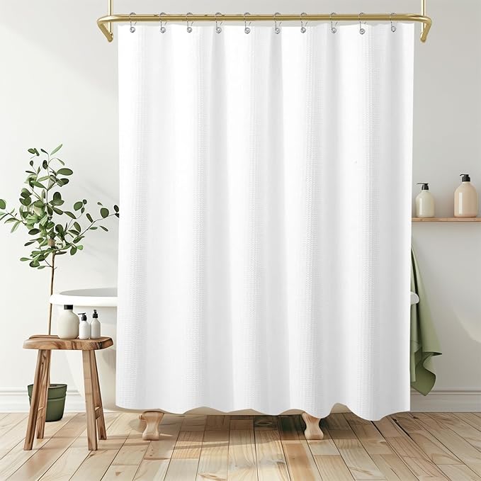 Boho Shower Curtain Set, Waterproof Fabric Shower Curtains, Luxury Hotel Style, Waffle Texture, Heavy Duty, Extra Long Bath Curtain, No Hook, Bathroom Decor, 72x60 Inch, White