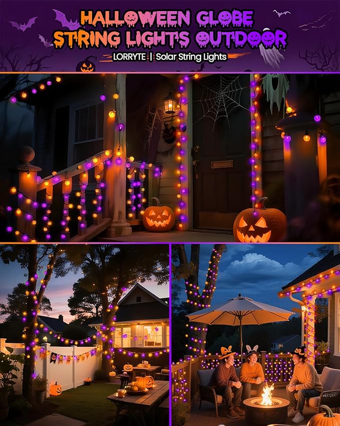 LORRYTE 2-Pack 100 LED 64FT Purple and Orange Solar Halloween Lights, Outdoor Waterproof Solar Globe String Lights with 8 Lighting Modes, Halloween Outdoor Decorations for Garden Party
