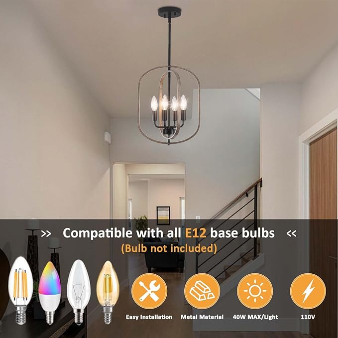Modern Farmhouse Chandeliers for Dining Room Light Fixture 4 Light Adjustable Pendant Lights Kitchen Island Faux Wood Rustic Hanging Small Kitchen Chandelier for Entryway Living Room Foyer Hallway