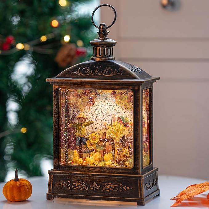 12.5'' Fall Snow Globe Lantern - Thanksgiving Glittering Lighted Lantern, Fall Decorations Autumn Harvest Day Gifts, Home Fall Halloween Decor (Scarecrow &Turkey)