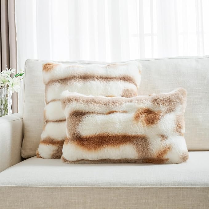 FUTEI Brown White Decorative Throw Pillow Covers 22x22 Inch Set of 2,Soft Fuzzy Faux Rabbit Fur Cushion Covers with Raised Texture,Neutral Boho Home Decor for Couch Bed Living Room