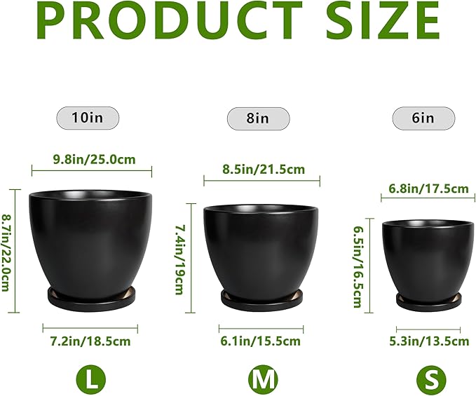 Ceramic Plant Pots - 10+8+6 Inch Modern Round Planters for Indoor Outdoor with Drainage Holes and Plant Saucers, Room Patio House Office Decor, Gardening Gifts for Women Men, Set of 3, Black