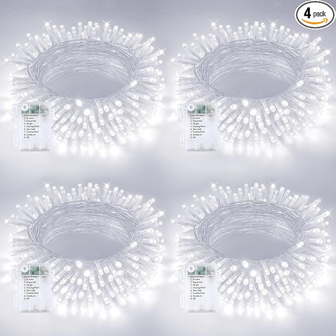 4 Pack Christmas String Lights Battery Operated with Timer, 66FT 200 LED Waterproof Twinkle Lights, 8 Modes Fairy Light for Indoor and Outdoor Bedroom Garland Tree Christmas Decorations (Cool White)