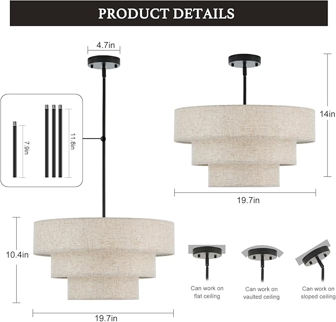 19.7" Black Drum Chandelier 4-Light Vintage Modern Chandelier Light Fixture with Linen Shade Retro Farmhouse Drum Chandeliers for Dining Room, Kitchen Island, Foyer, Entryway Bedroom