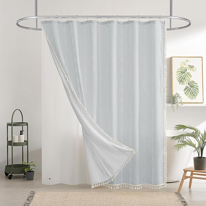 downluxe Linen Texture 3 in 1 Farmhouse Shower Curtain Set with Tassel, Boho Fabric Shower Curtains for Bathroom, Grey, 72W x 72L