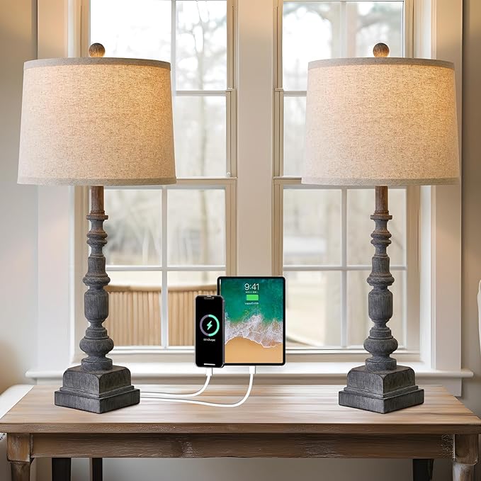 Oneach 27.75" Vintage Farmhouse USB A+C Table Lamps Set of 2 for Living Room Traditional Bedside Lamps for Bedroom Office Mid Century Table Lamp Antique Grey Accent Rustic Lamps for End Table