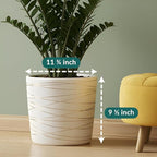Willowy 12 Inch Ceramic Pot - Slightly Tapered Matte White with Metallic Gold Stripes - Drainage Plug Included