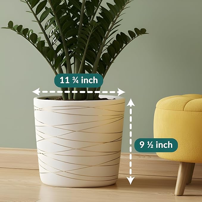 Willowy 12 Inch Ceramic Pot - Slightly Tapered Matte White with Metallic Gold Stripes - Drainage Plug Included