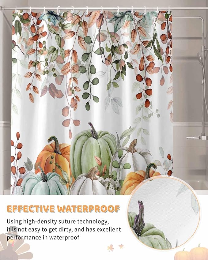 Fall Thanksgiving Shower Curtain, Autumn Pumpkins Eucalyptus Leaves Shower Curtains Set with Hooks, Blue Sage Green Orange Waterproof Fabric Bathroom Curtains Decor Home Accessories, 60 X 72 Inch Long