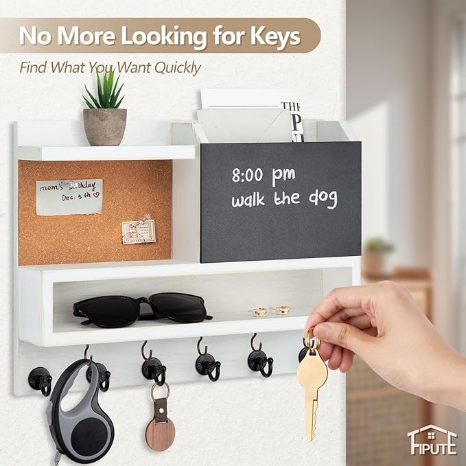 Key Holder for Wall Mount with Mail Organizer, Farmhouse Key Holder for Wall with Shelf, Chalkboard&Corkboard, Entryway Organizer 11 Metal Hooks, Decorative Natural Pine Wood, 14.6*11.1*3.3”, A-White