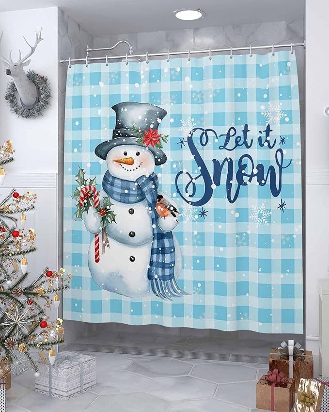 Snowman Christmas Shower Curtain, Let It Snow Winter Holiday Shower Curtains Set with Hooks, Blue White Buffalo Plaid Waterproof Fabric Bathroom Curtains Decor Home Accessories,72 X 78 Inch Long