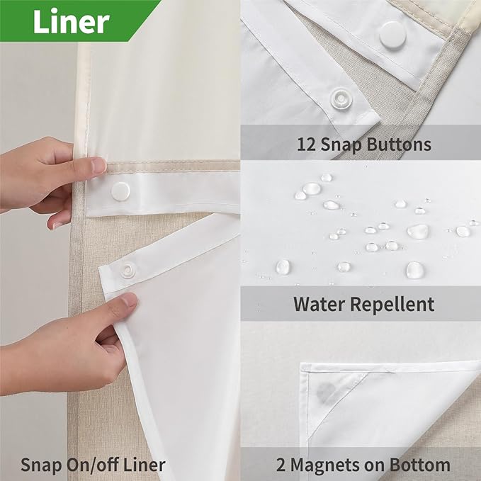 Long No Hooks Needed Linen Textured Shower Curtain with Snap-in Fabric Liner Set,Cream Hotel Luxury Decor Shower Curtains for Bathroom,Waterproof & Washable,71Wx80H
