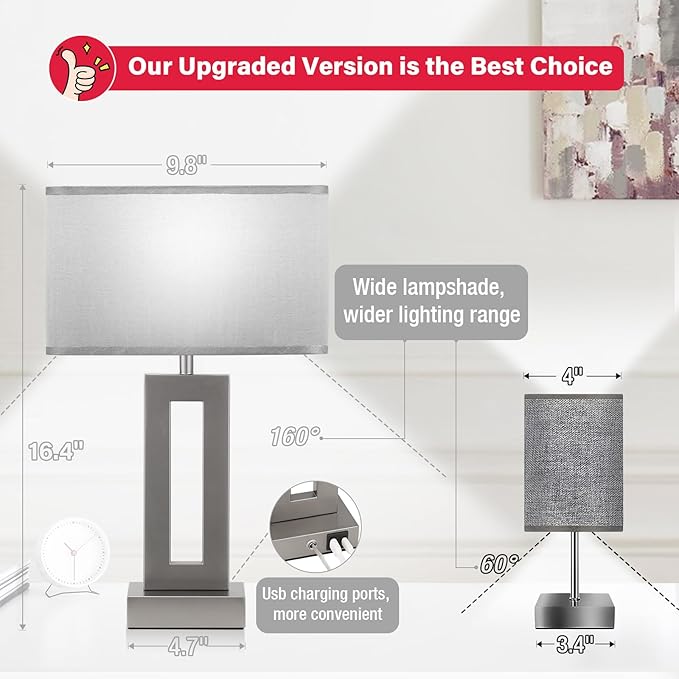 Bedroom Table Lamps Set of 2 - Grey Touch Bedside Lamps with USB C+A, 3 Way Dimmable Gold Lamp for Nightstand, Modern Night Stands Lamps for Living Room End Tables