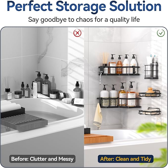 YASONIC Corner Shower Caddy Organizer, 5-Pack Adhesive Rustproof Stainless Steel Shower Shelves with Soap Holder, No Drilling Shower Storage Rack for Family Renters Bathroom, Black