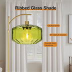 Gold Floor Lamps for Living Room Bedroom,Glass Floor Lamp with Remote Control & Green Lampshade,Arc Dimmable Floor Lamp Mid Century Modern Standing Lamp Vintage Tall Floor Lamps for Bedroom Corner
