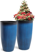 23.75" Round Tall Planters, 2-Pack Large Flower Pots for Indoor Outdoor Plants, UV-Protect PP Container for Garden Patio Yard Balcony Porch or Home Decor, Artistic Floating Cobalt Blue Glaze