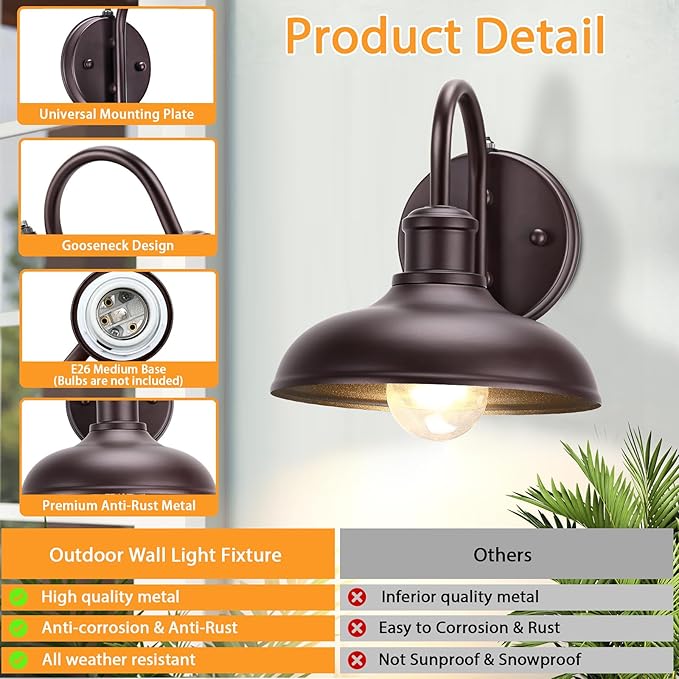 2-Pack Dusk to Dawn Gooseneck Outdoor Light Fixtures, Farmhouse Barn Lights for Porch, Industrial Brown Exterior Wall Sconce for Garage, Patio, E26 Base Anti-Rust for Garage Frontdoor Entryway Doorway