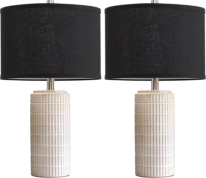 23'' Set of 2 Modern Ceramic Table Lamps, Minimalist Bedside Lamp, Rustic Nightstand End Table Lamp for Bedroom, Living Room, Study Room, Office, 2 LED Bulbs Included (Black)