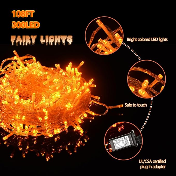 ILLUMINEW 300 Led Orange String Lights Outdoor Halloween Decorations, 108 Ft Thanksgiving Decor Lights 8 Modes Fairy Lights for Bedroom Yard Room Decor